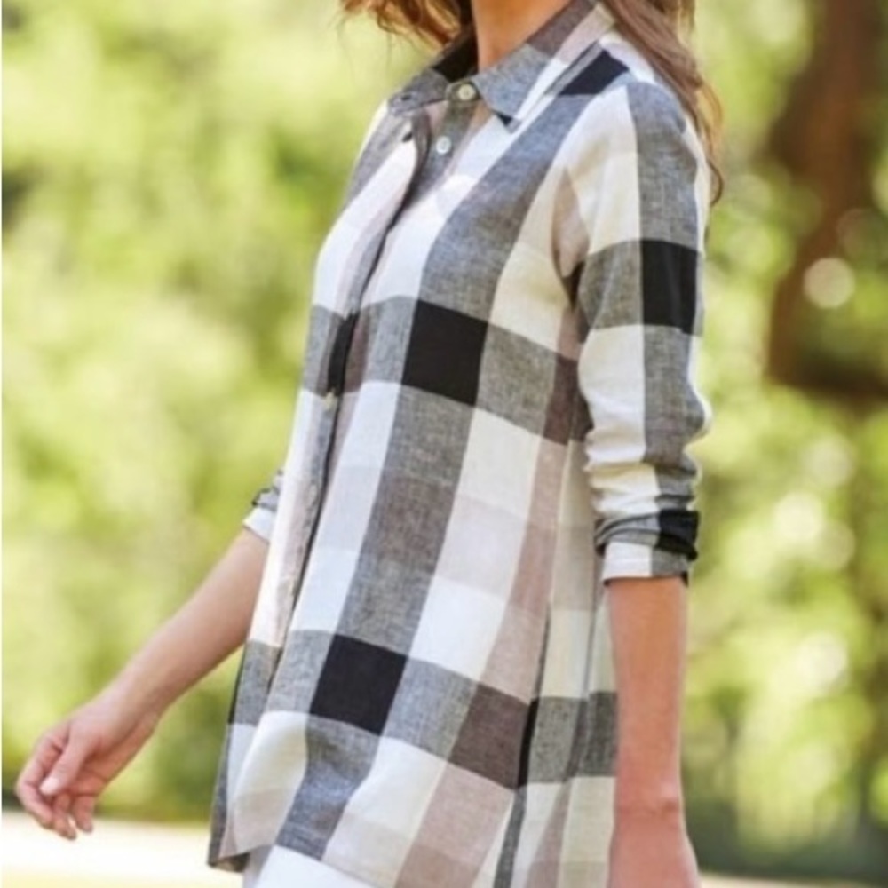 Soft Surroundings Carreaux Linen Blend Button Up Shirt Size M